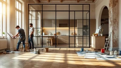 Intérieur panoramique d'un appartement ancien rénové : parquet, moulures, verrière, artisan au travail