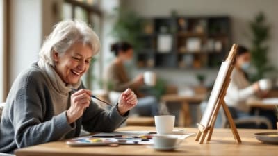 Salon panoramique d'une résidence senior, habitants échangeant autour d'un café, ambiance conviviale et lumineuse