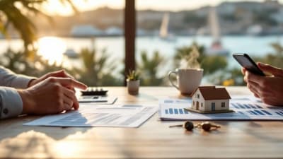 Agent et client examinent des documents d'investissement, vue panoramique sur le port de Toulon.