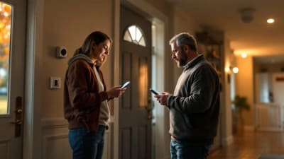 Propriétaire vérifie la serrure A2P et l'alarme connectée à l'entrée de sa maison.