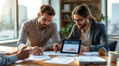 Courtier et couple dans un bureau lumineux, documents de prêt, vue urbaine estivale.