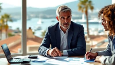 Conseiller explique taux fixe ou variable à un couple, bureau lumineux et port de Toulon en arrière-plan