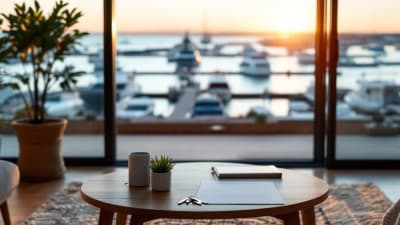Salon lumineux face au port de Toulon, clés et dossiers sur une table en bois