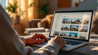 Personne sur un canapé parcourant des annonces immobilières sur laptop, intérieur lumineux et détails déco