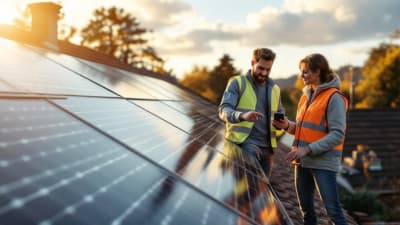 Installateur et propriétaire sur un toit avec panneaux solaires, tablette montrant gestion d'énergie, lumière du matin
