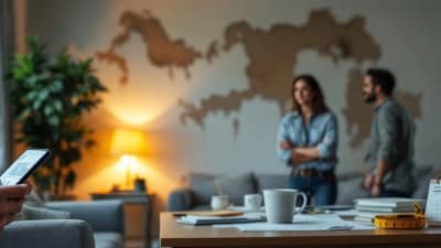 Vue panoramique d'un salon avec tache d'humidite au mur, acheteur, vendeur et devis sur table