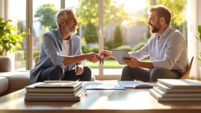 Agent immobilier en visite dans un salon lumineux ouvrant sur un jardin, documents et clés sur la table