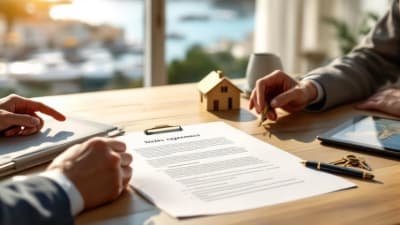 Deux personnes signant un compromis sur une table, vue floue du port de Toulon en arrière-plan.