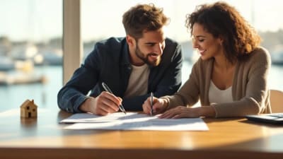 Couple signe un prêt à la table, vue panoramique du port de Toulon en arrière-plan