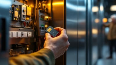 Technicien remplace un module d'alerte d'ascenseur dans un local technique, résident inquiet en arrière-plan.