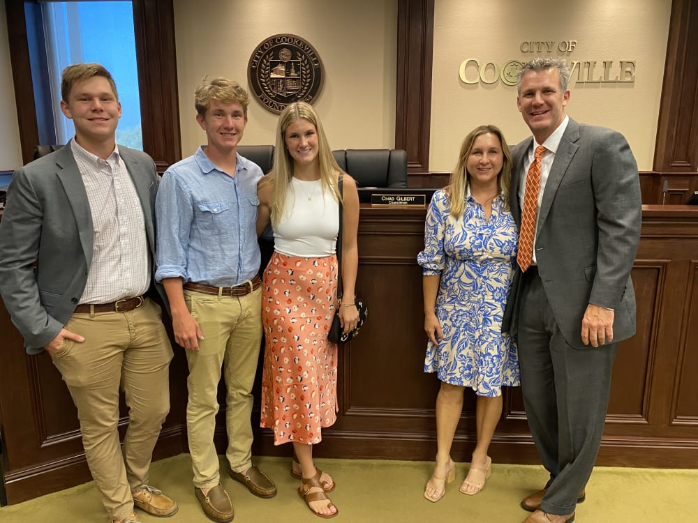 Chad Gilbert and his family at the Cookeville city council chambers