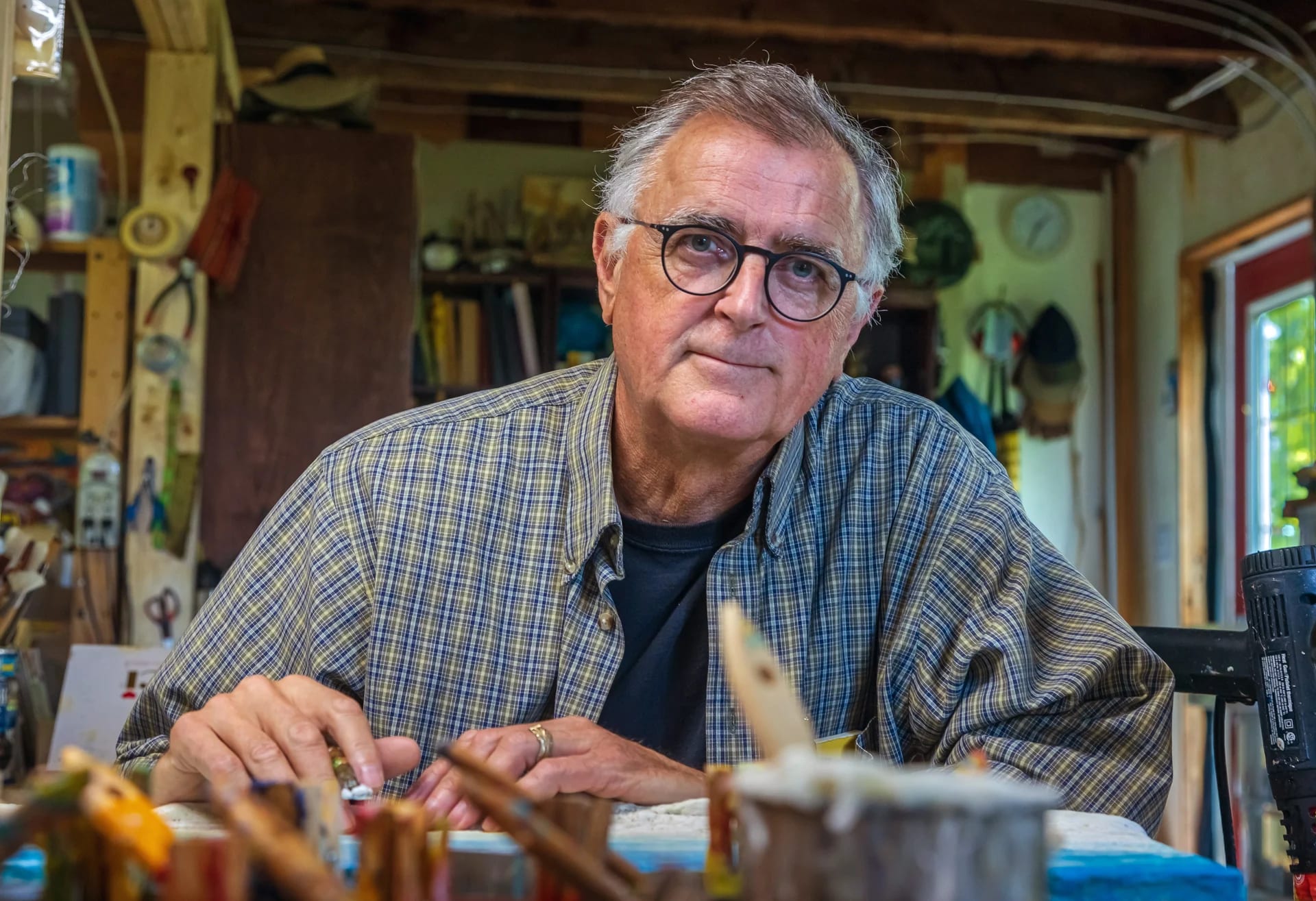 Prince Edward County encaustic sculptural painter, Andrew Csafordi, co-owner of ANDARA Gallery at 54 Wilson Road, Bloomfield, Ontario, Prince Edward County.