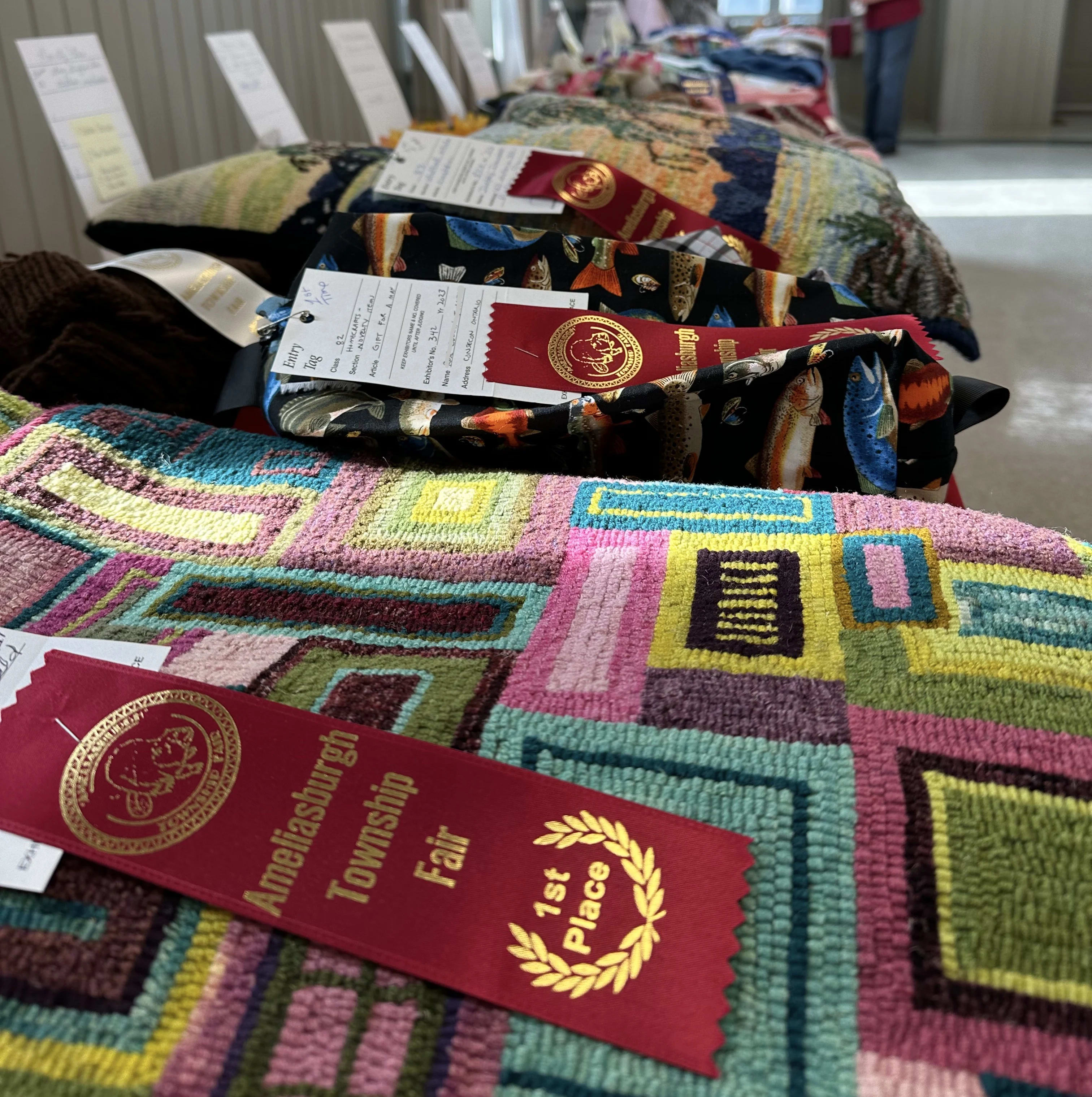 View along a row of several displayed home crafts exhibits, many of which have red ribbons on them. The closest one shows 1st place in gold.