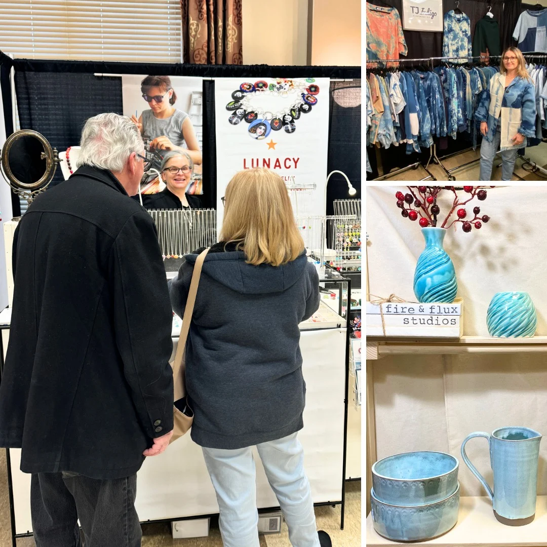 Visitors in front of Lunacy Glass' booth, TJ Indigo Clothing's booth, and Fire & Flux ceramics. 