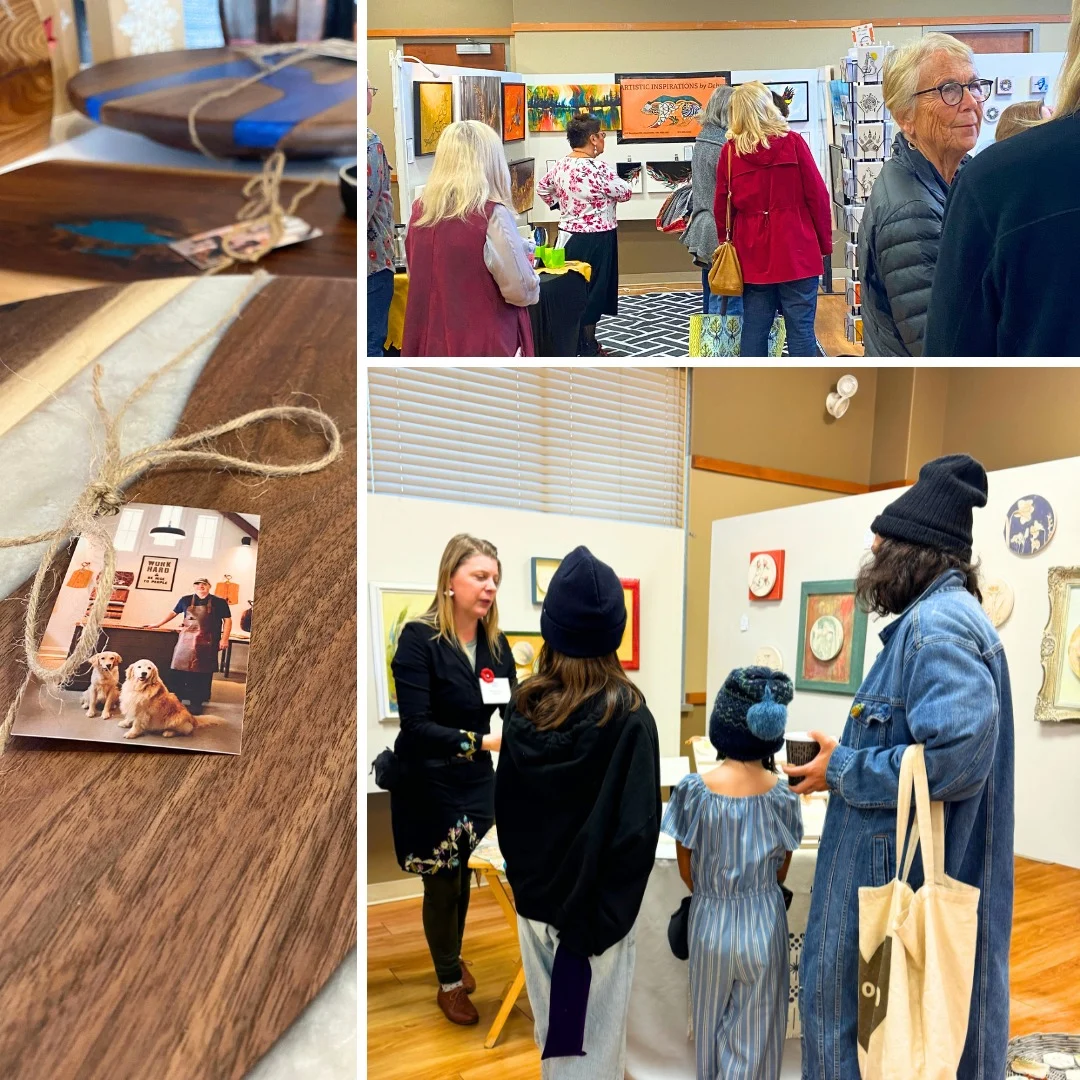 A board made by Bark Woodshop & Studio, and photos of visitors in the 2D art room. 