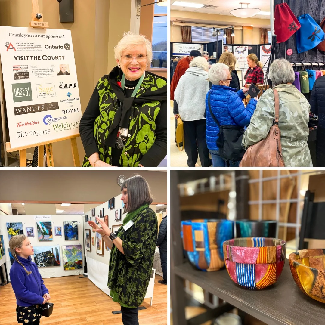 The 2024 edition of The Maker's Hand, clockwise from top left: Sponsor Elizabeth Crombie of Elizabeth Crombie Real Estate Team, visitors in front of Nautilos' booth, items by The Turning Point Woodwork & Photography, and visual artist Julie Seddon chatting with a visitor. 