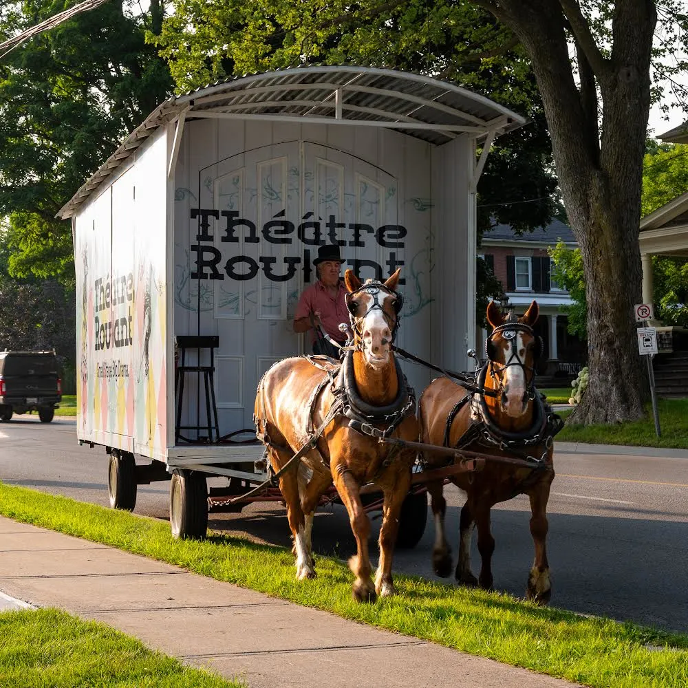 Canada's only horse drawn theatre caravan. Pictured is our theatre caravan piloted by Blaine Way and pulled by horses Susie and Sarah.