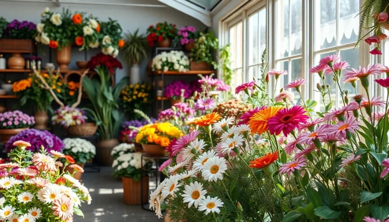 Magasin fleuriste avec fleurs en évidence