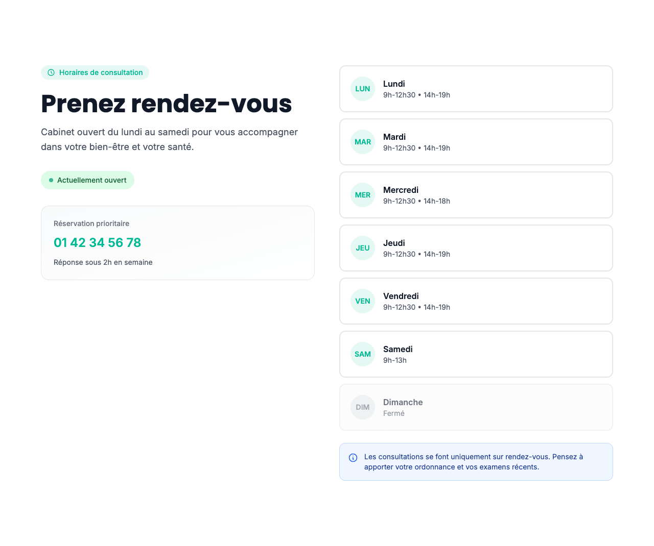 Aperçu Horaires d'ouverture