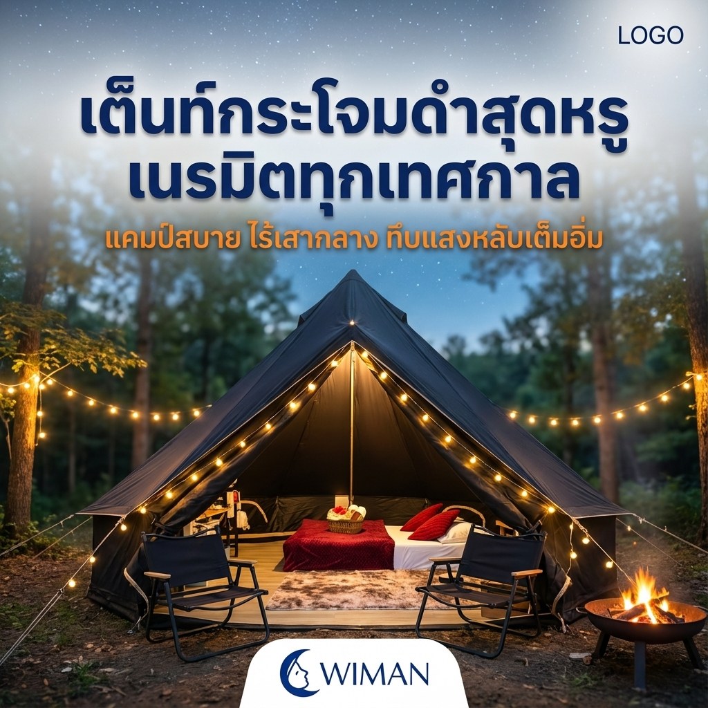 เต็นท์กระโจมสีดำไร้เสากลาง bell tent wiman - ภาพเรนเดอร์ยามค่ำคืนของเต็นท์กระโจมสีดำ กับกองไฟที่ให้ความอบอุ่น