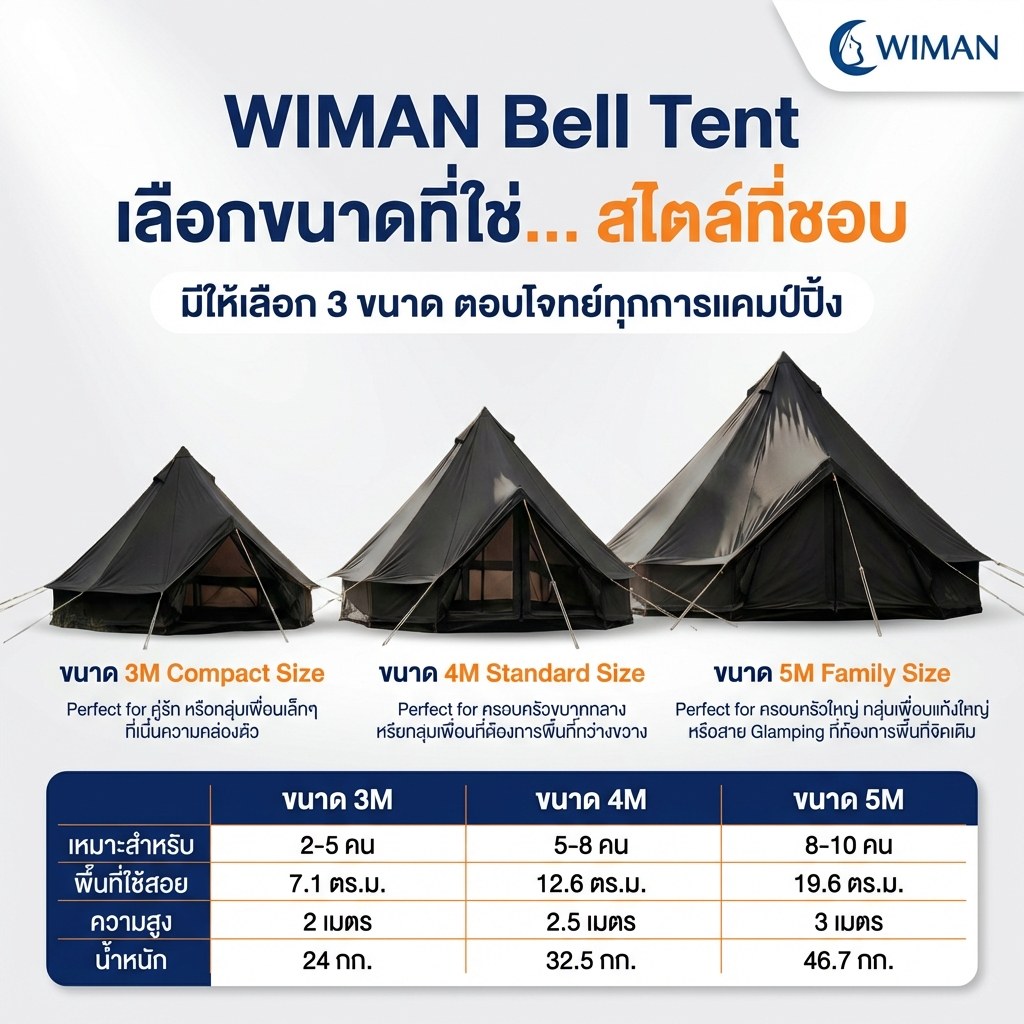 เต็นท์กระโจมสีดำไร้เสากลาง bell tent wiman - แผนภาพเปรียบเทียบขนาดเต็นท์กระโจม 3, 4 และ 5 เมตร เพื่อการเลือกที่เหมาะสม