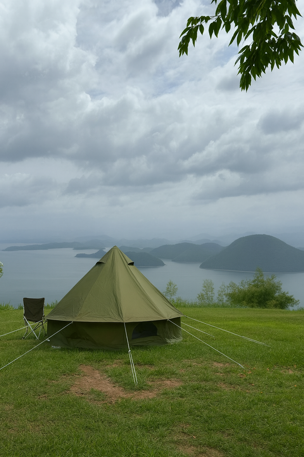 เต็นท์กระโจมสีเขียวไร้เสากลาง bell tent wiman - ภาพจำลองบรรยากาศริมทะเลสาบกับเต็นท์กระโจมวิมานแอร์