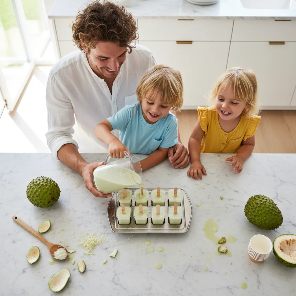 kids and parent making smoothies with graviola