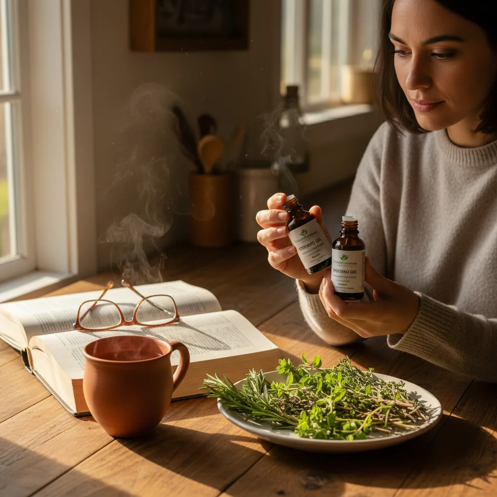 Fresh oregano sprigs and amber dropper bottle