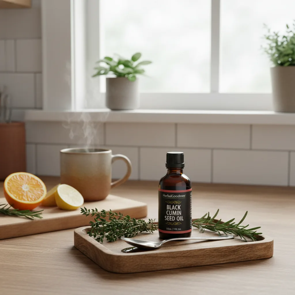 Black cumin seed oil bottles on the shelf