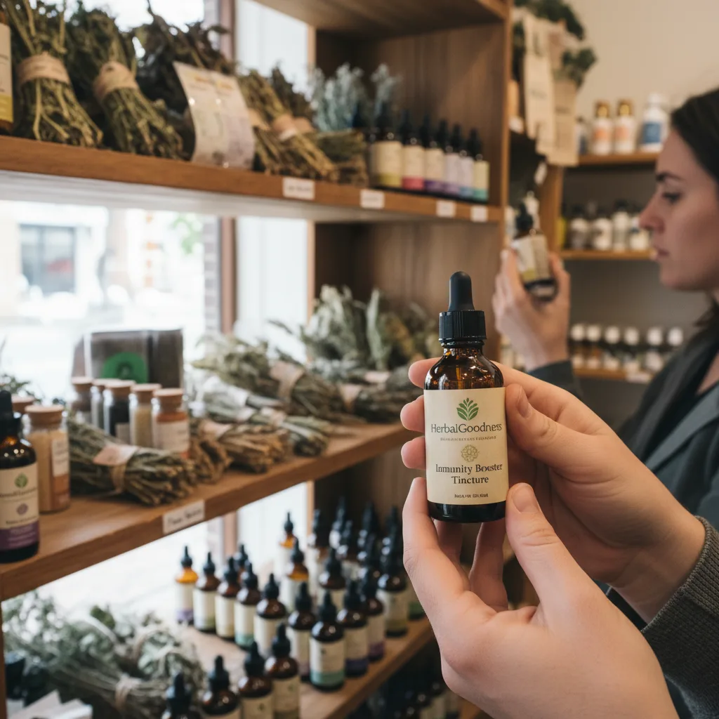 shopper reading supplement label in herbal shop