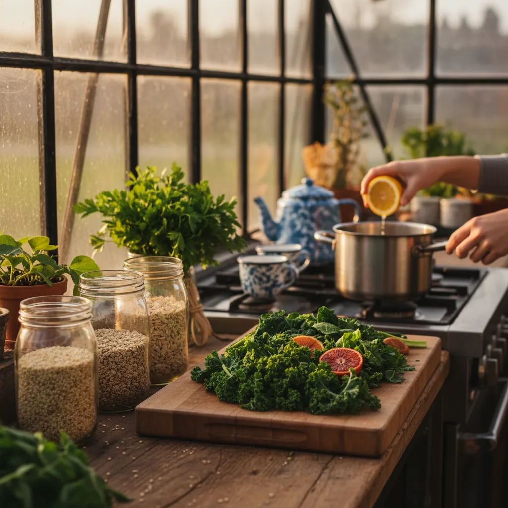 Nourishing winter stew with greens and seeds
