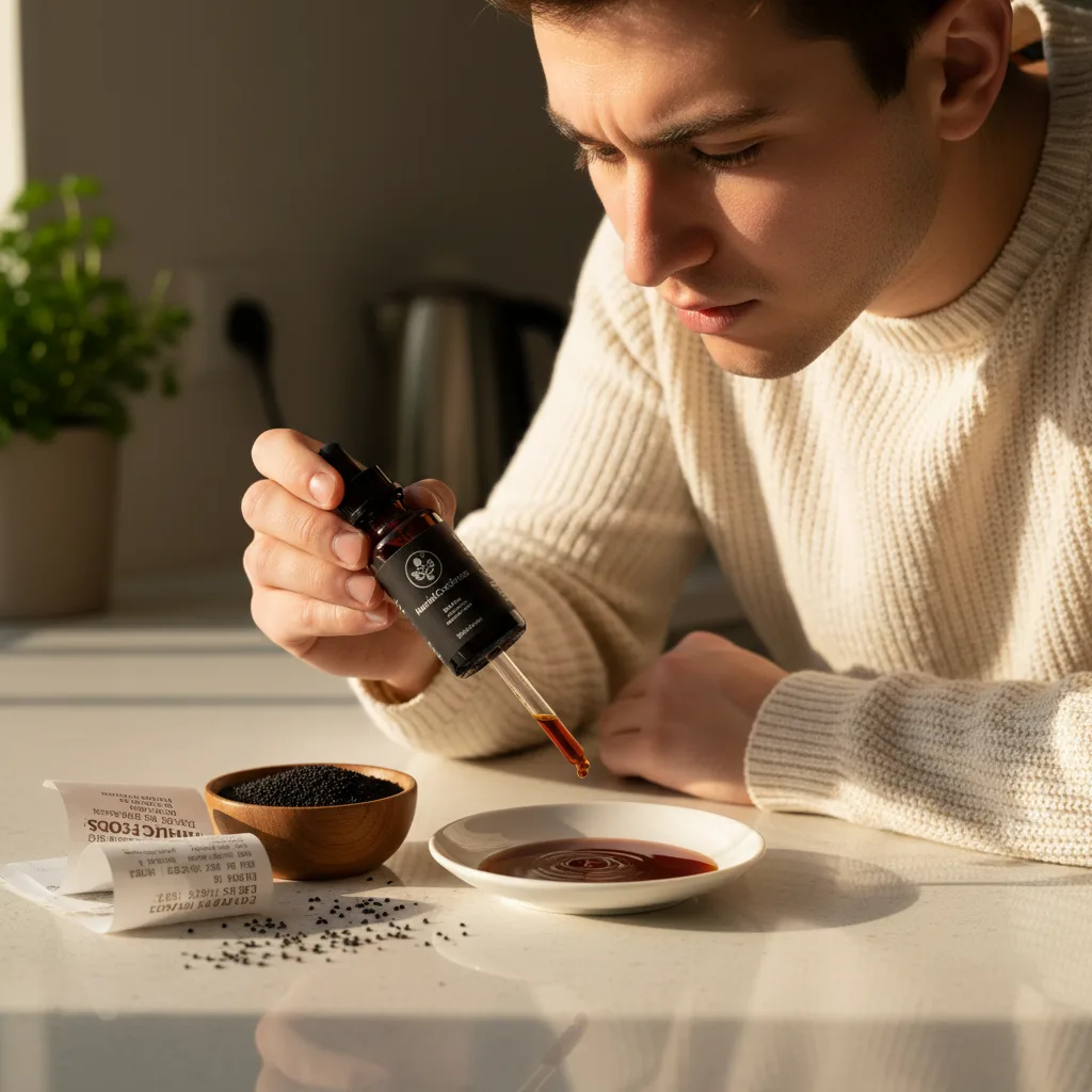 reading label black cumin oil