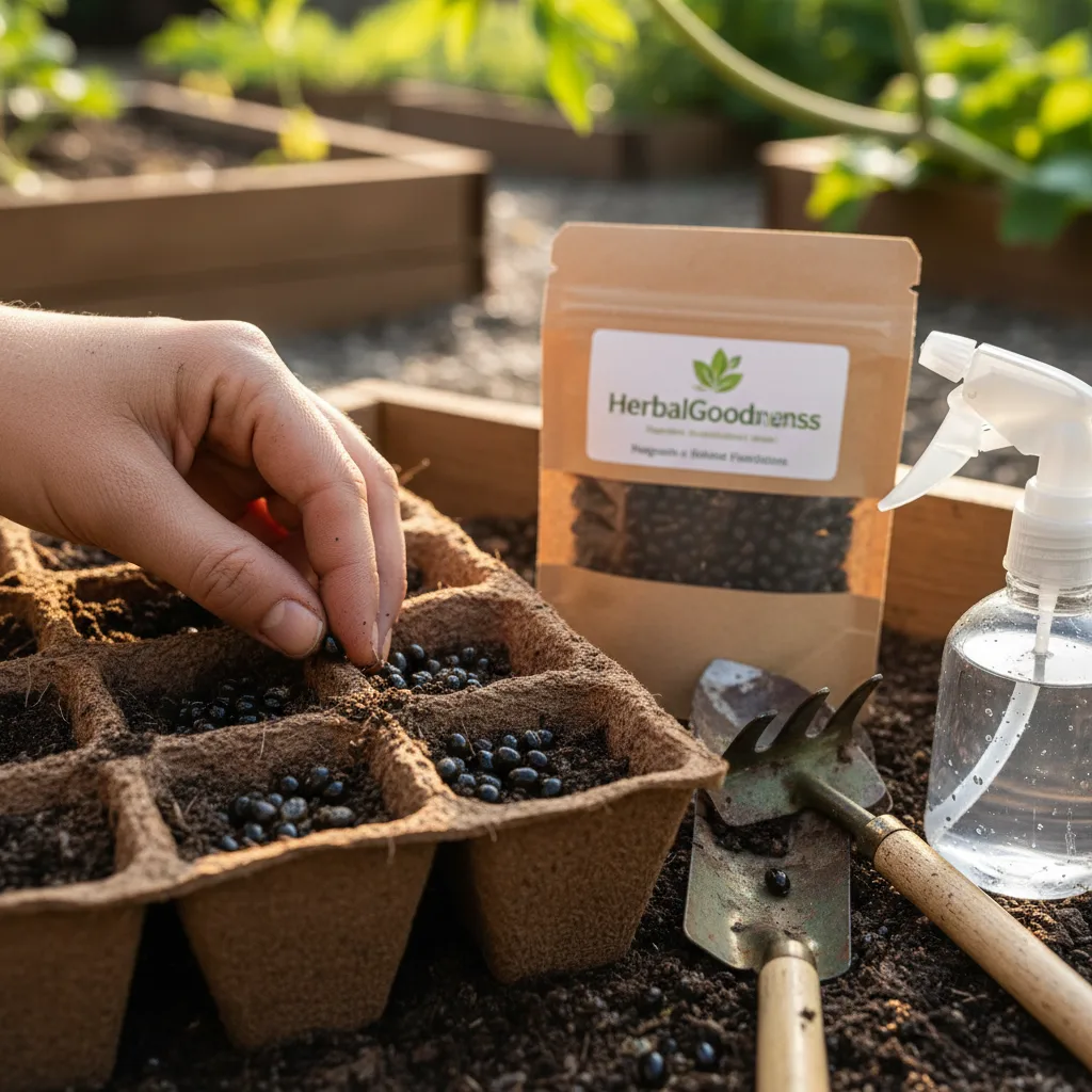 Hand holding papaya seeds with a label
