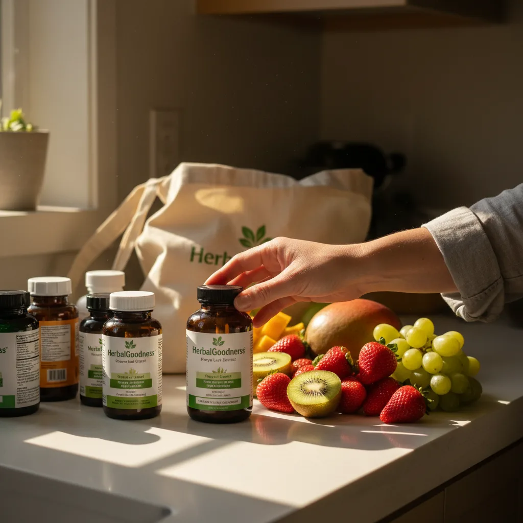 Fresh cut papaya leaves and herbal extract bottles