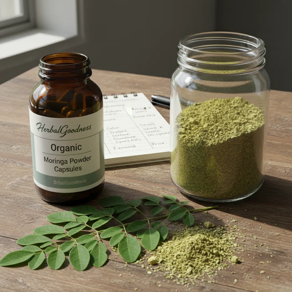 reading moringa label in hands