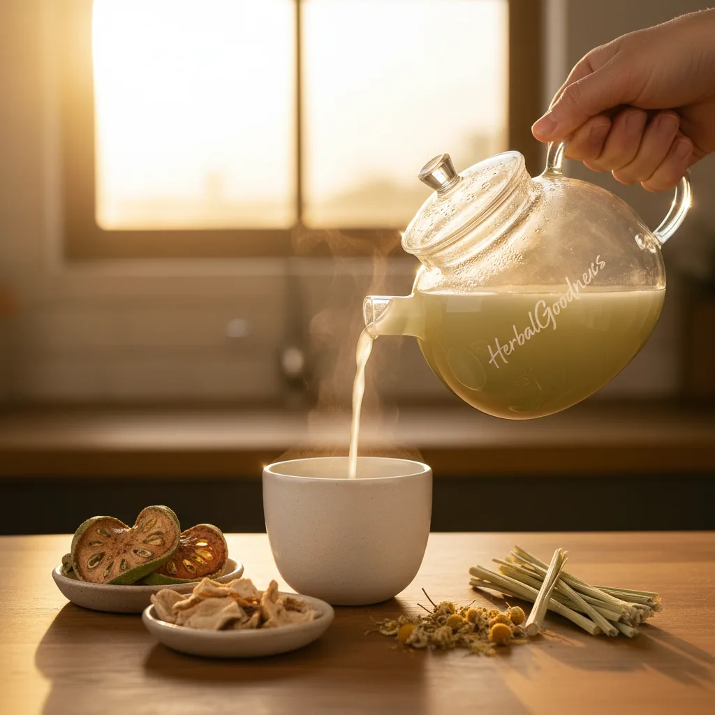 steaming herbal soursop tea cup evening