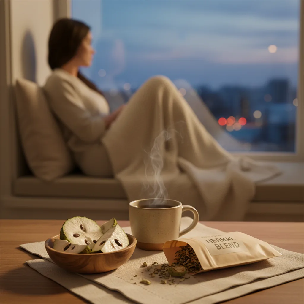 soursop tea brewing in a calming evening setting
