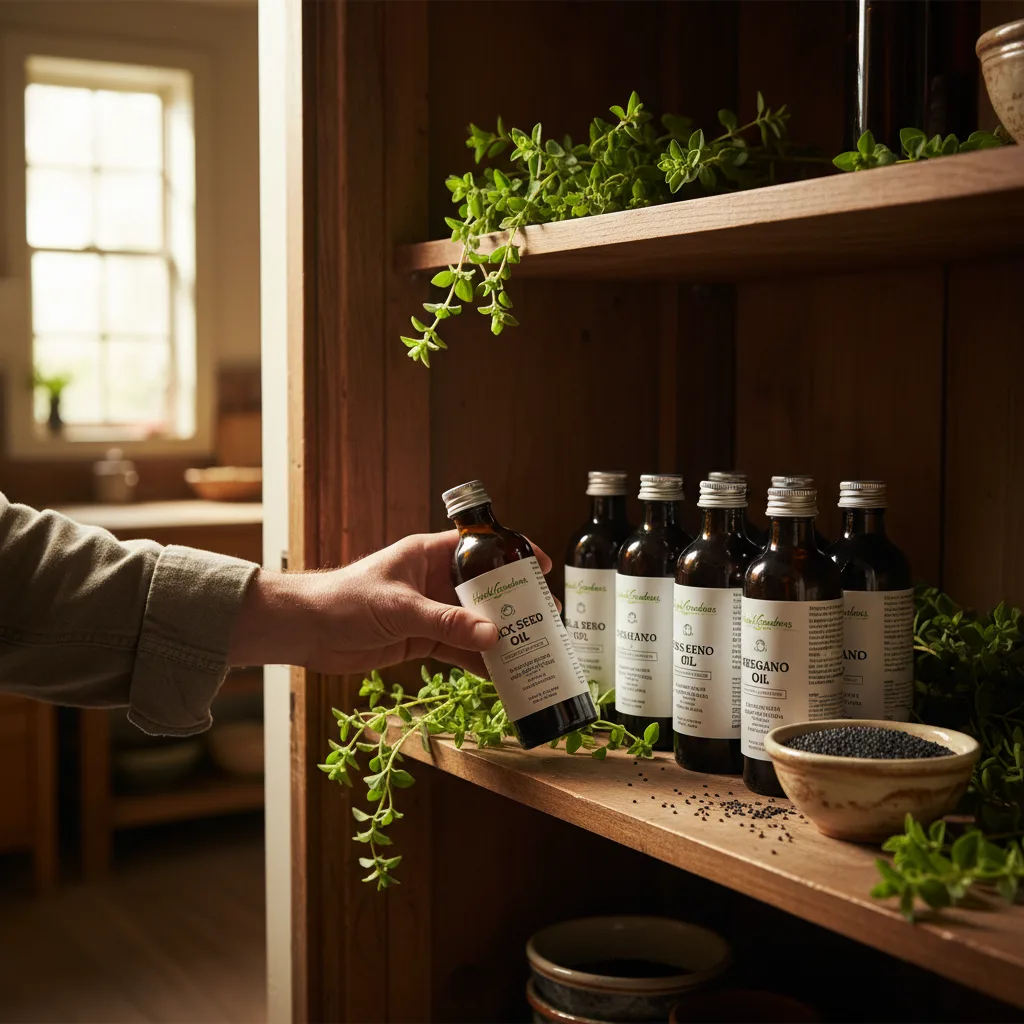 close up oregano black seed oils bottles