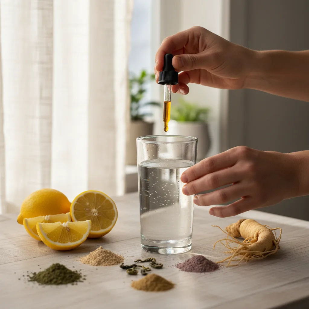 adaptogen tonic bottle on table