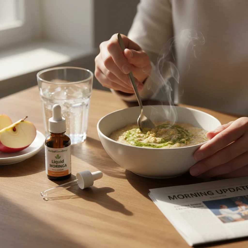 liquid moringa tincture dropper and glass on light wood table