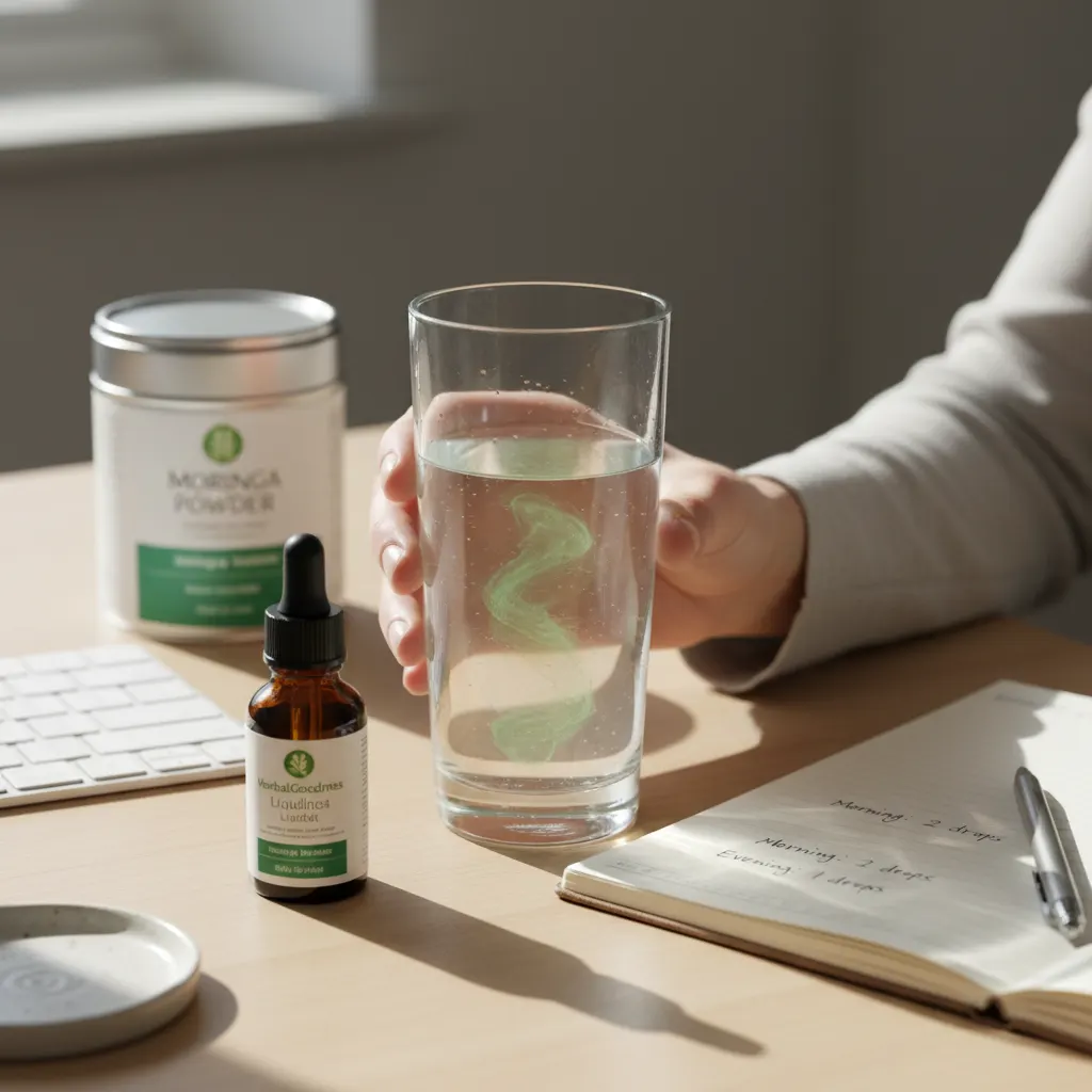 moringa powder in a wooden spoon on a kitchen counter