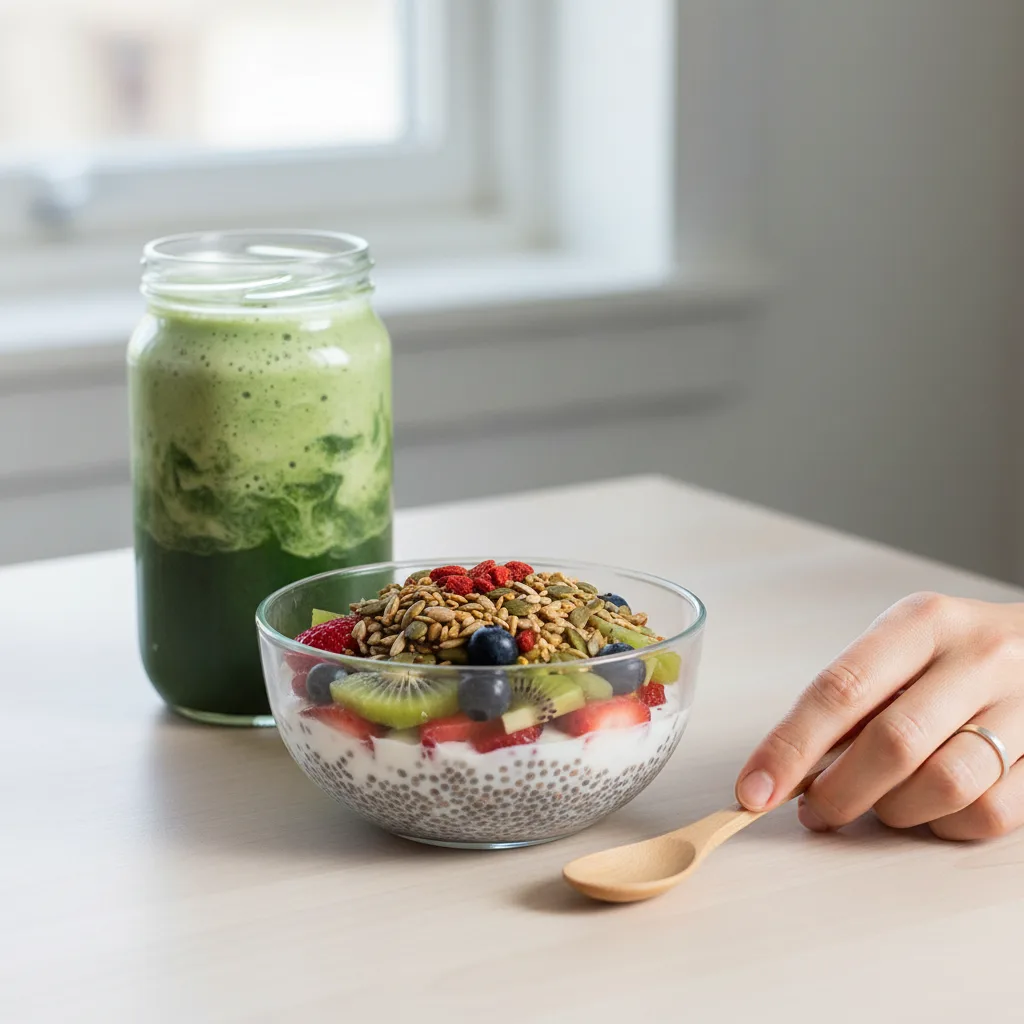 fresh organic vegetables and herbs arranged on a table