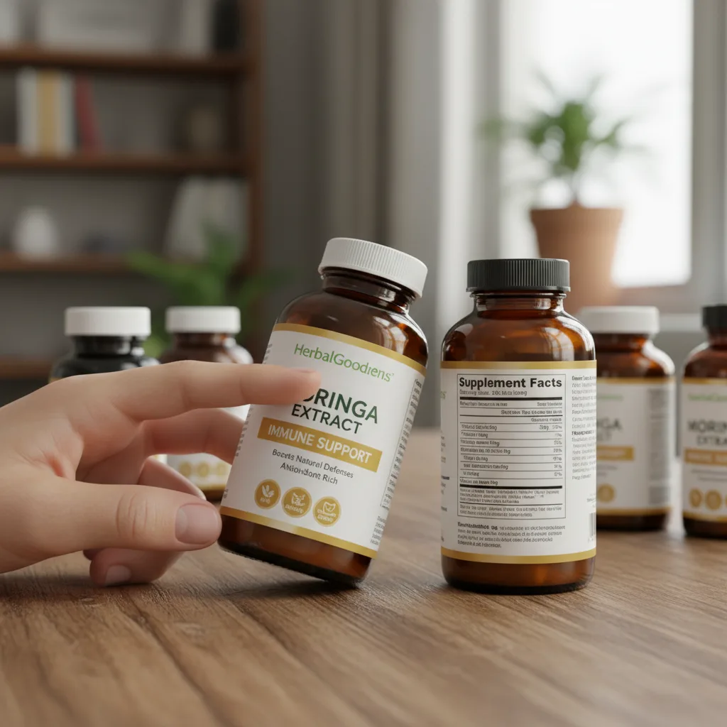 moringa supplement bottle with wellness label