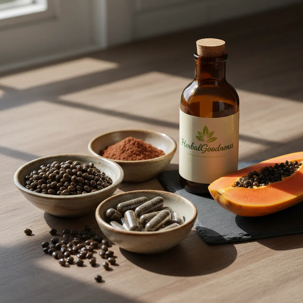 papaya capsules and powder on a table