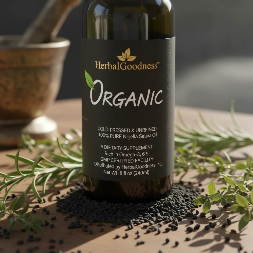 Black seed oil bottle on table