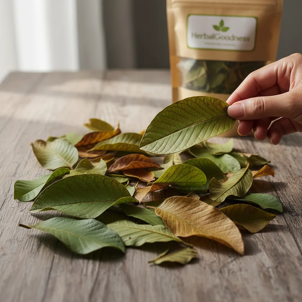 close up of dried guava leaf tea