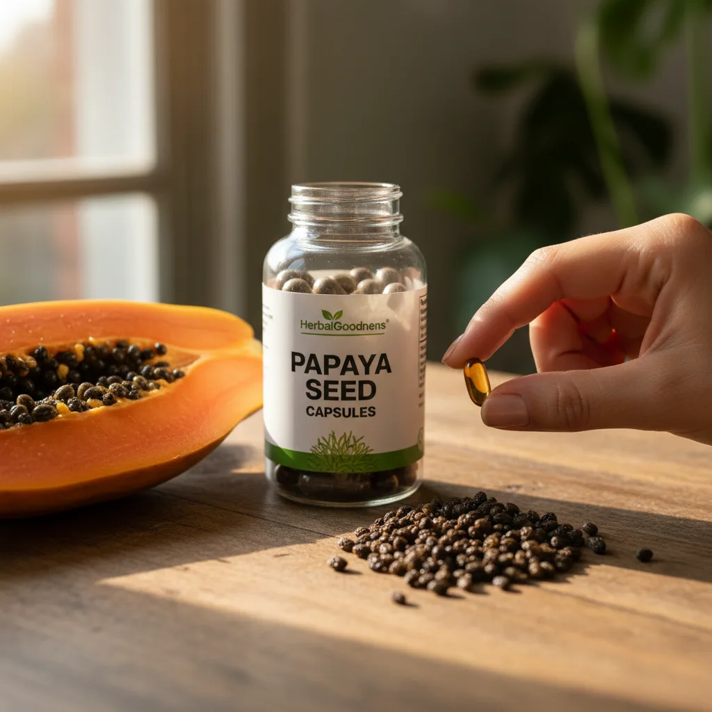 Papaya seeds and capsules on a wooden background