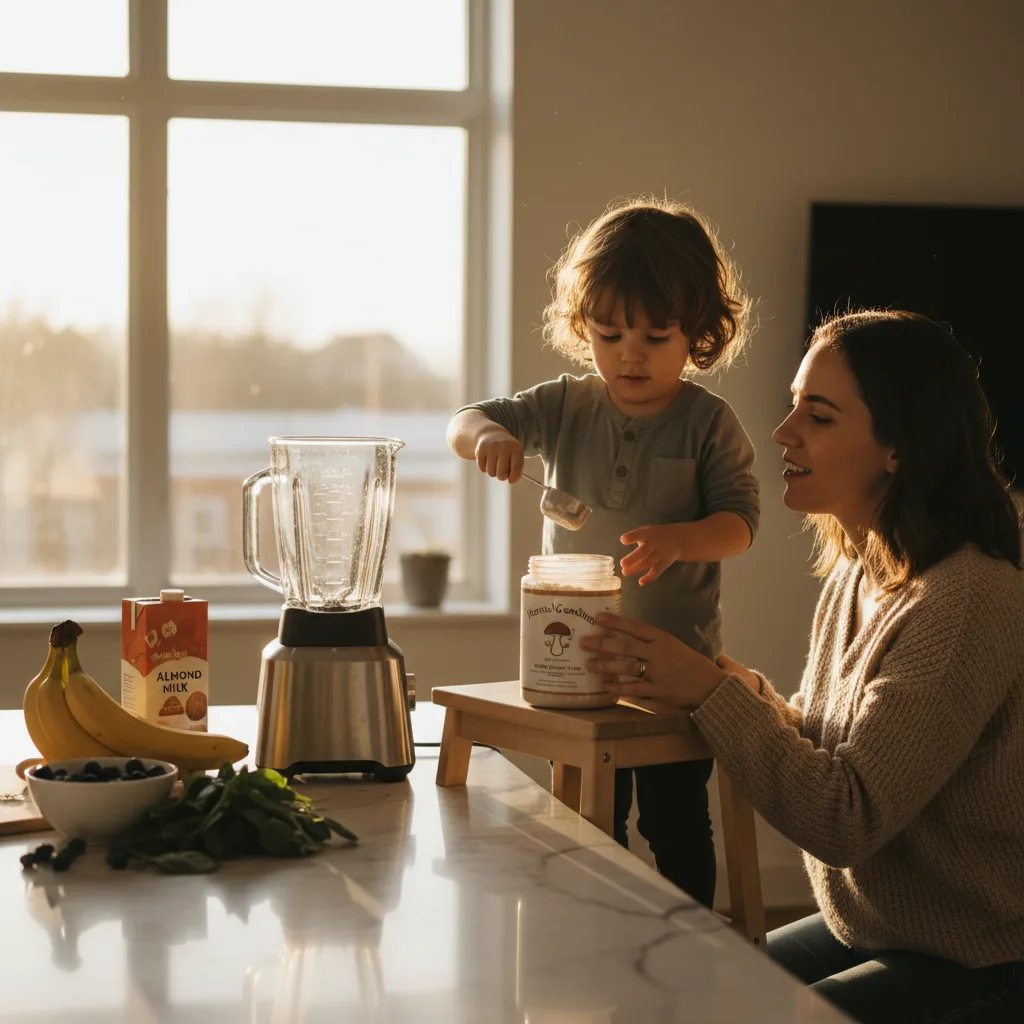 Family enjoying mushroom supplement tea together