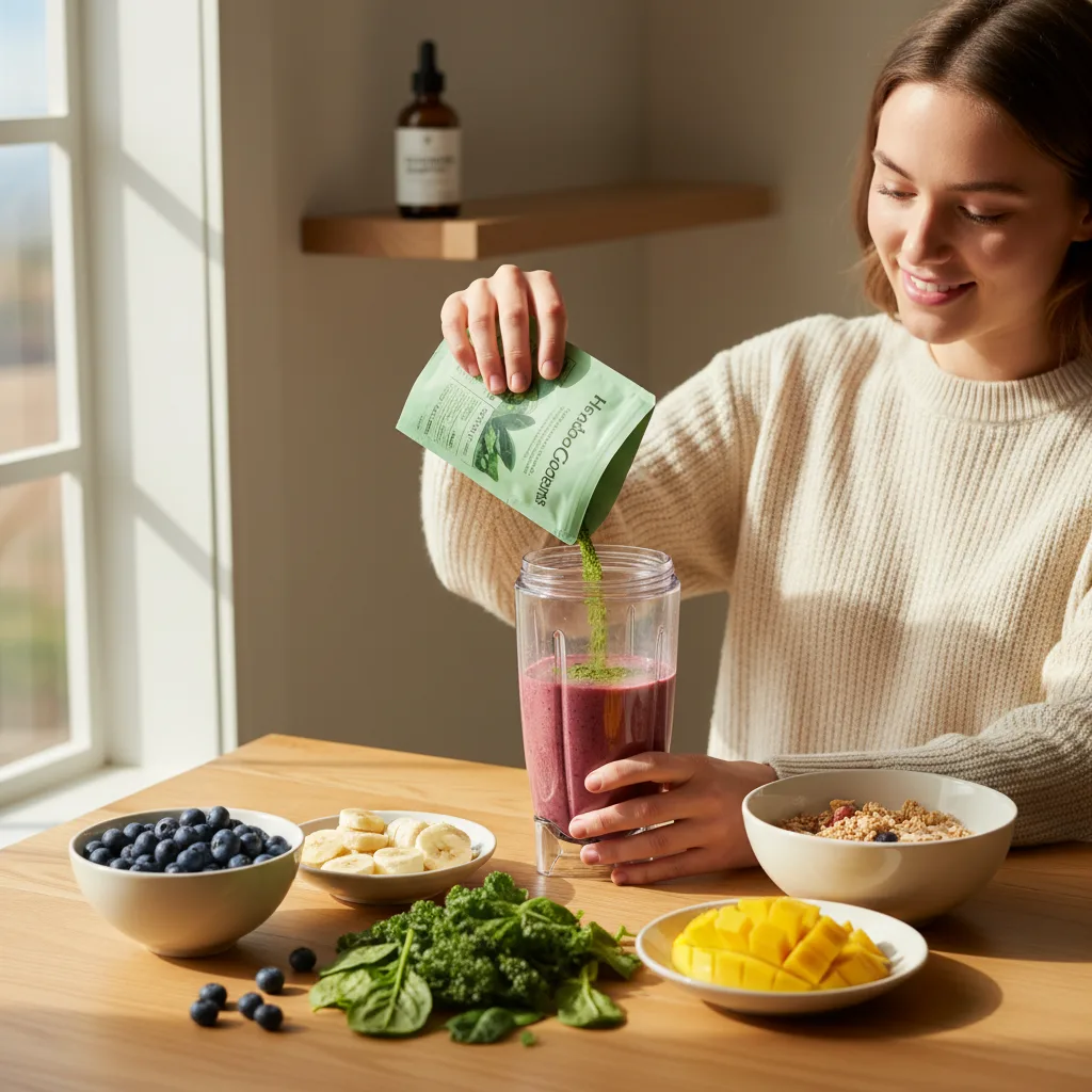 Powdered herbs and botanical extracts in glass bowls