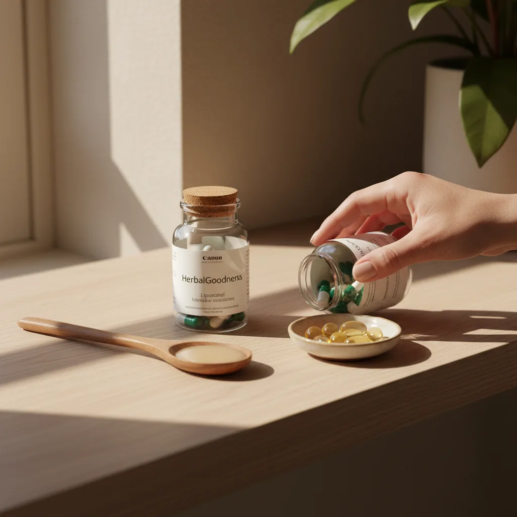 Herbal supplement capsules, powdered extracts, and liquid tinctures displayed on a white surface